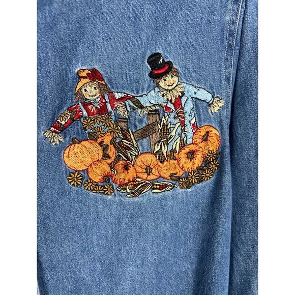 Women's Medium Vintage Denim Fall Scarecrow Halloween Embroidered Blouse Top - Picture 4 of 7